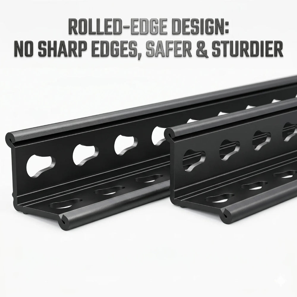 Rolled-edge steel post profile of the garage shelving unit, curled edge detail