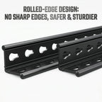 Rolled-edge steel post profile of the garage shelving unit, curled edge detail