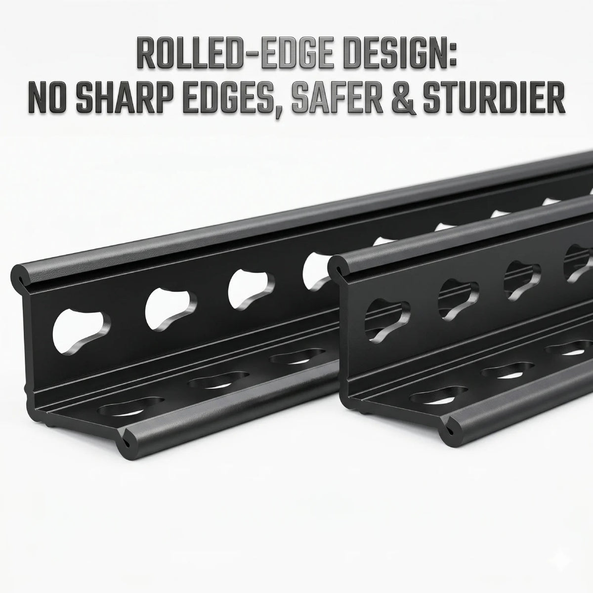 Rolled-edge steel post profile of the garage shelving unit, curled edge detail