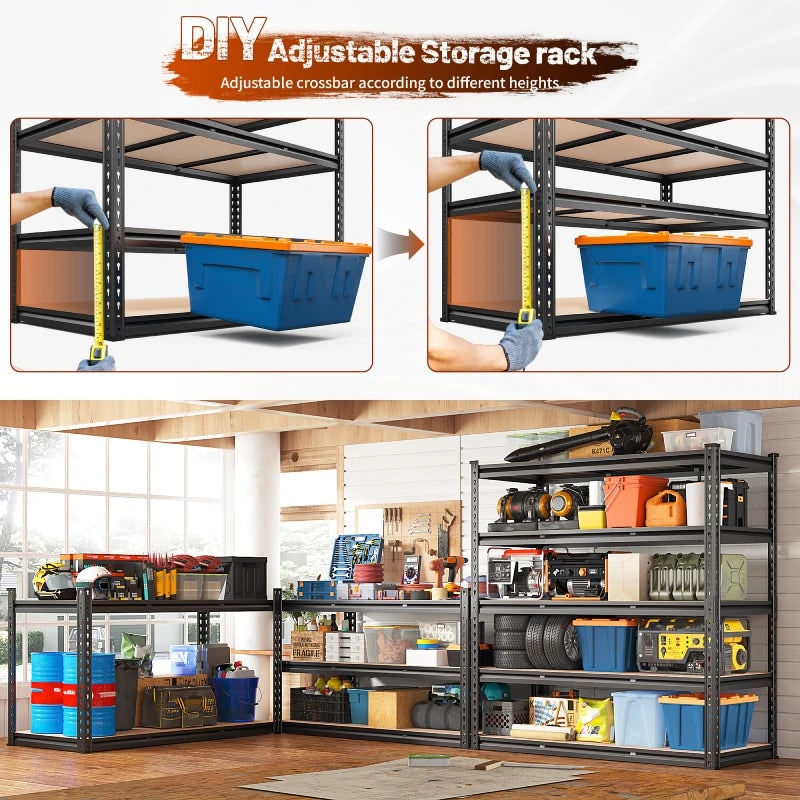 Adjustable shelf height on the garage shelving unit, tape measure and storage tote on a shelf