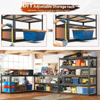 Adjustable shelf height on the garage shelving unit, tape measure and storage tote on a shelf