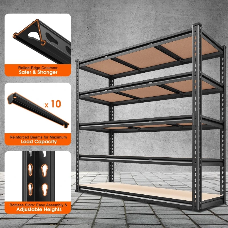 Garage shelving unit with 10 steel support beams and boltless slots, front view