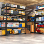 Two 48 in heavy duty shelving units in a garage holding storage bins and tools
