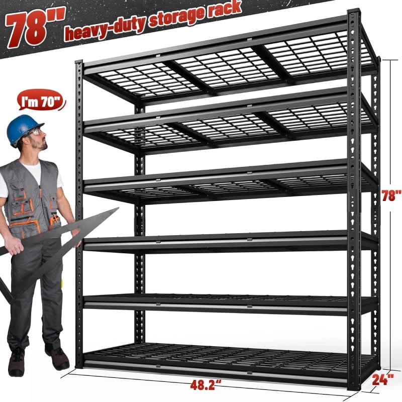 Dimension diagram: 6 tier storage rack 48.2 in wide, 24 in deep and 78 in high, shown beside a person listed at 70 in tall
