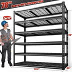 Dimension diagram: 6 tier storage rack 48.2 in wide, 24 in deep and 78 in high, shown beside a person listed at 70 in tall