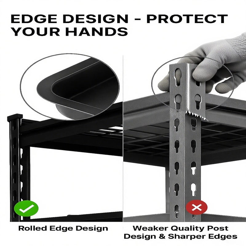 Detail graphic: rolled edge post design shown against a thinner sharper edged upright, with a gloved hand running along the smooth edge