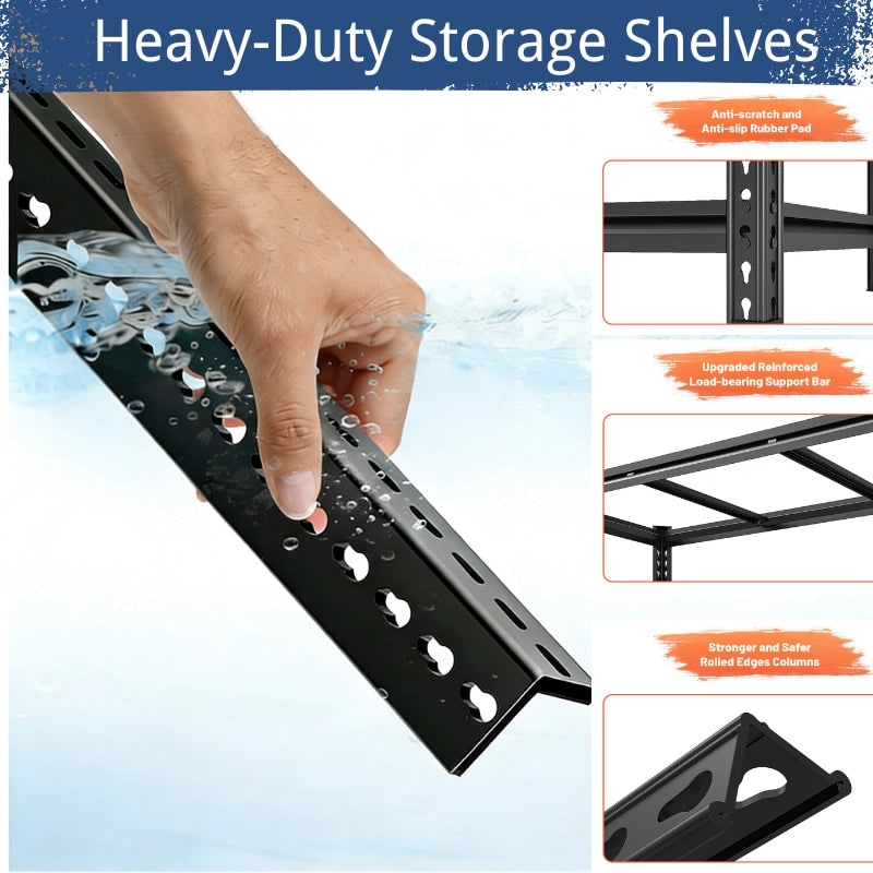 Detail graphic: heavy duty storage shelves, a hand holding a steel beam with water beading off it, and reinforced load bearing support bar callouts