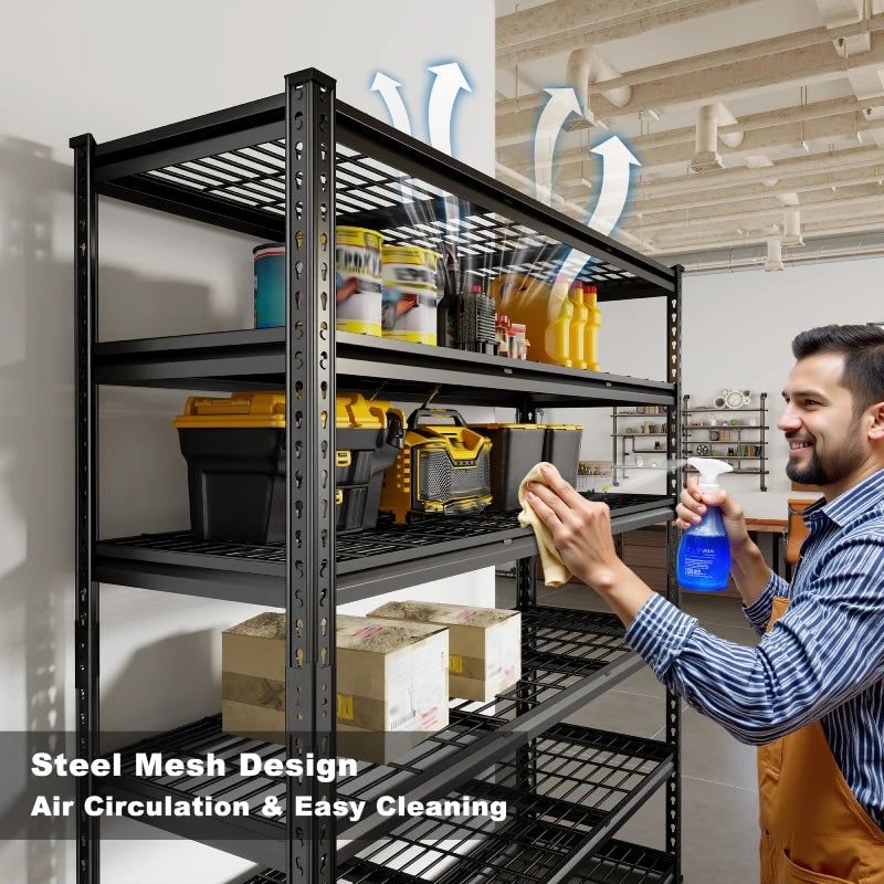 Steel mesh shelf design for air circulation and easy cleaning, being wiped down on a loaded rack in a workshop