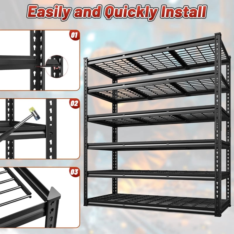 Assembly graphic: three step boltless installation of the 6 tier rack using the included rubber mallet