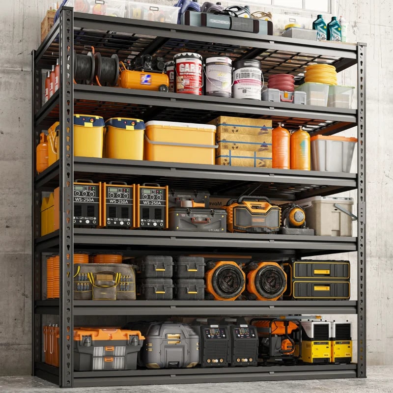 Black 6 tier garage rack loaded with paint tins, tool cases, power tools and storage bins in a workshop