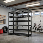 Black 6 tier heavy duty shelving unit standing empty in a clean garage beside stacked tires and a bicycle