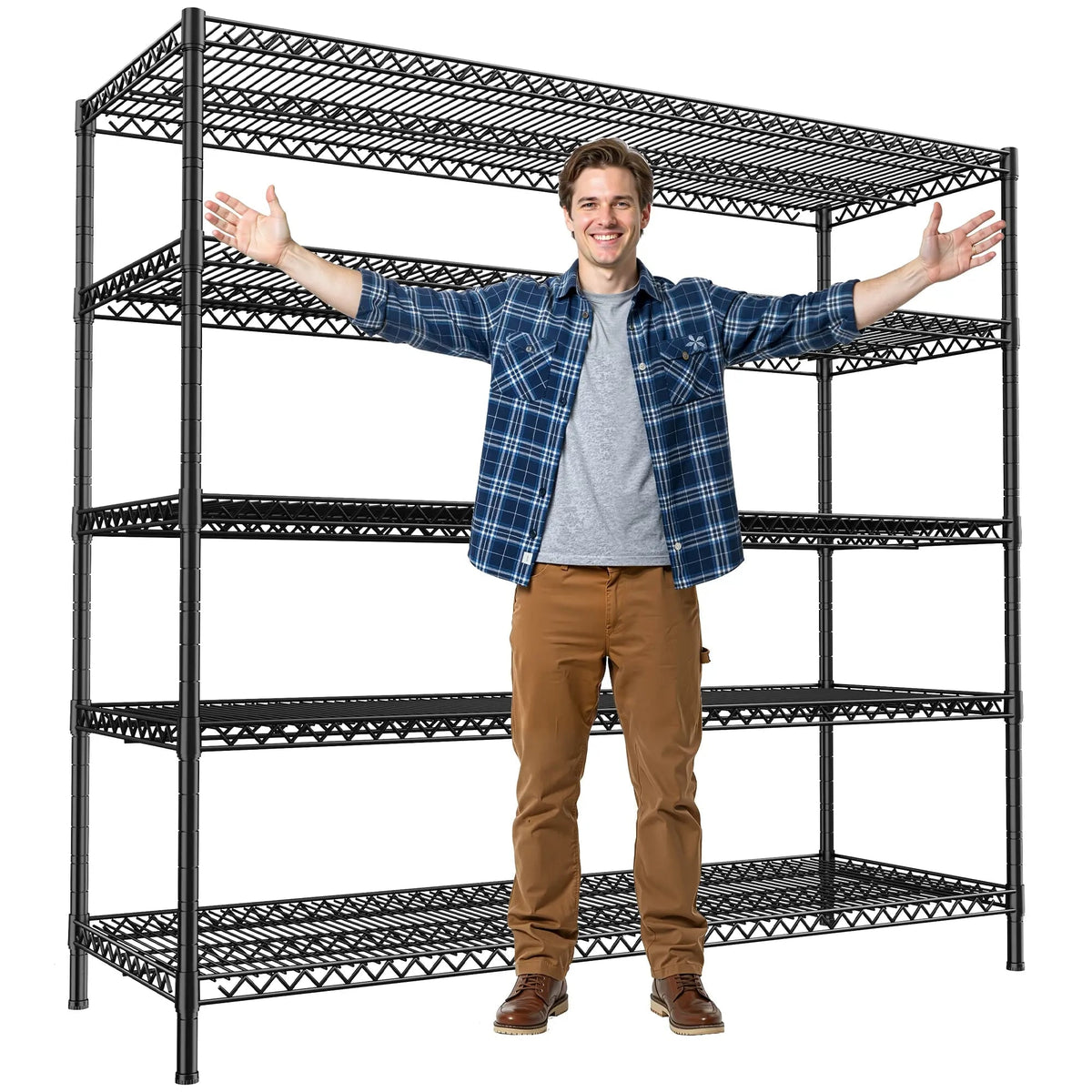 Black 5 tier wire shelving unit on a white background with a person standing beside it, arms spread to show the width