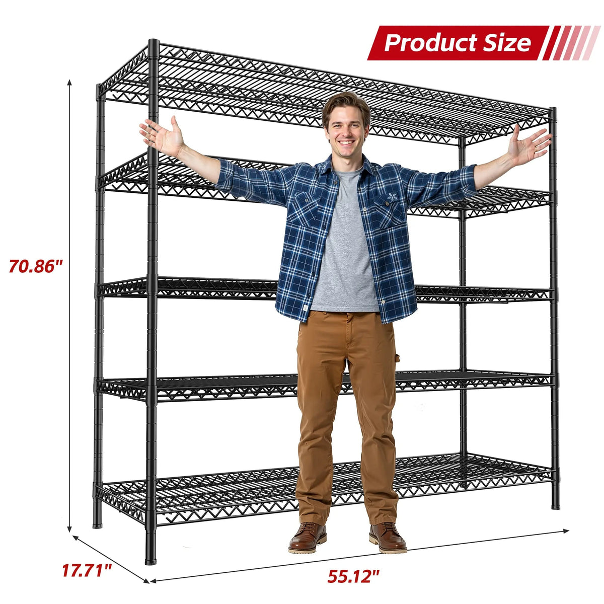 Product size diagram for the 5 tier wire shelving unit showing its width, depth and height alongside a standing person