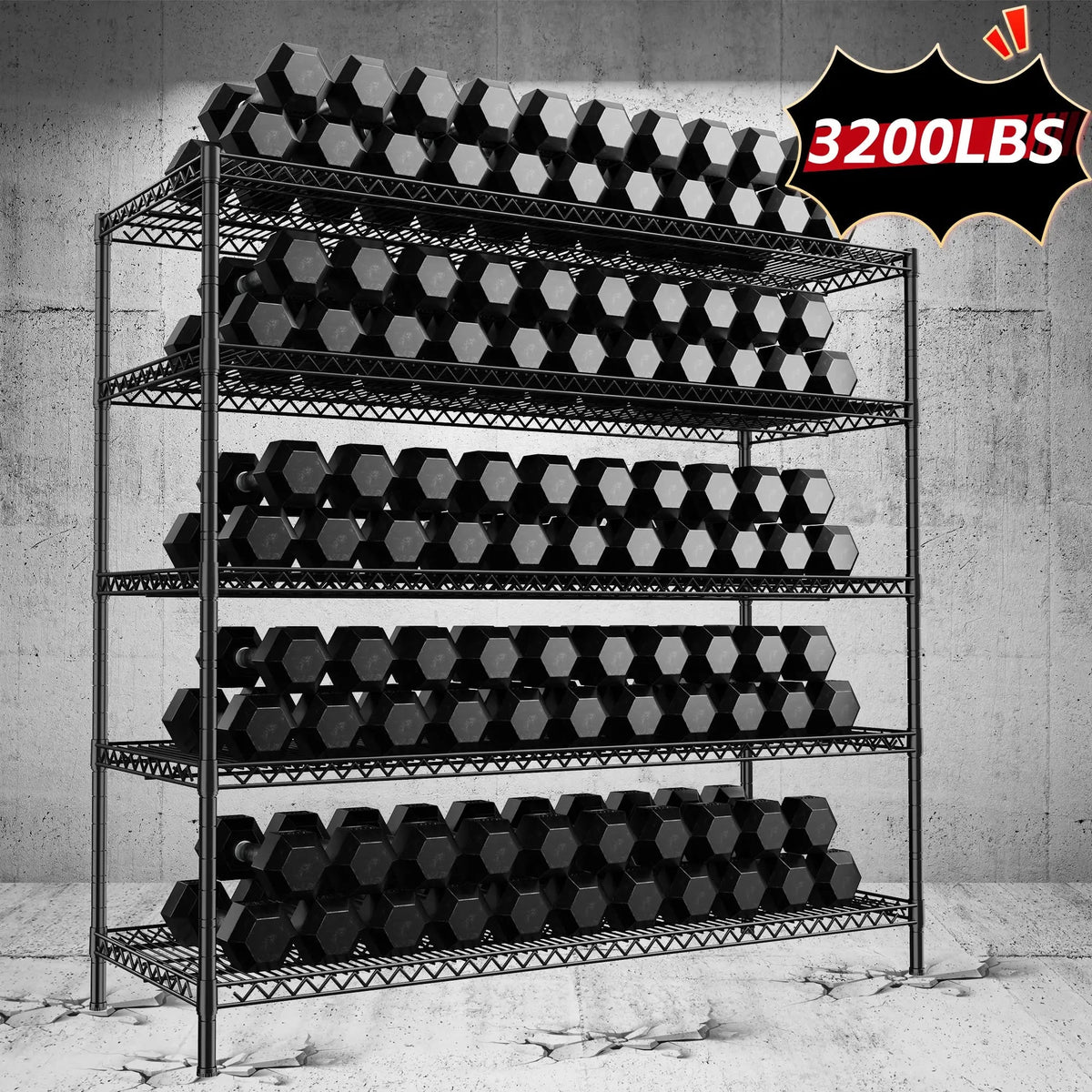 Black 5 tier wire rack loaded with rows of dumbbells beside a 3,200 lb capacity badge