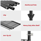 Detail graphic: reinforced post, shelf clip, heavy duty wire shelf and the included anti tip kit