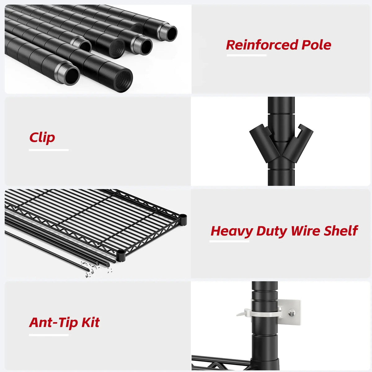 Detail graphic: reinforced post, shelf clip, heavy duty wire shelf and the included anti tip kit