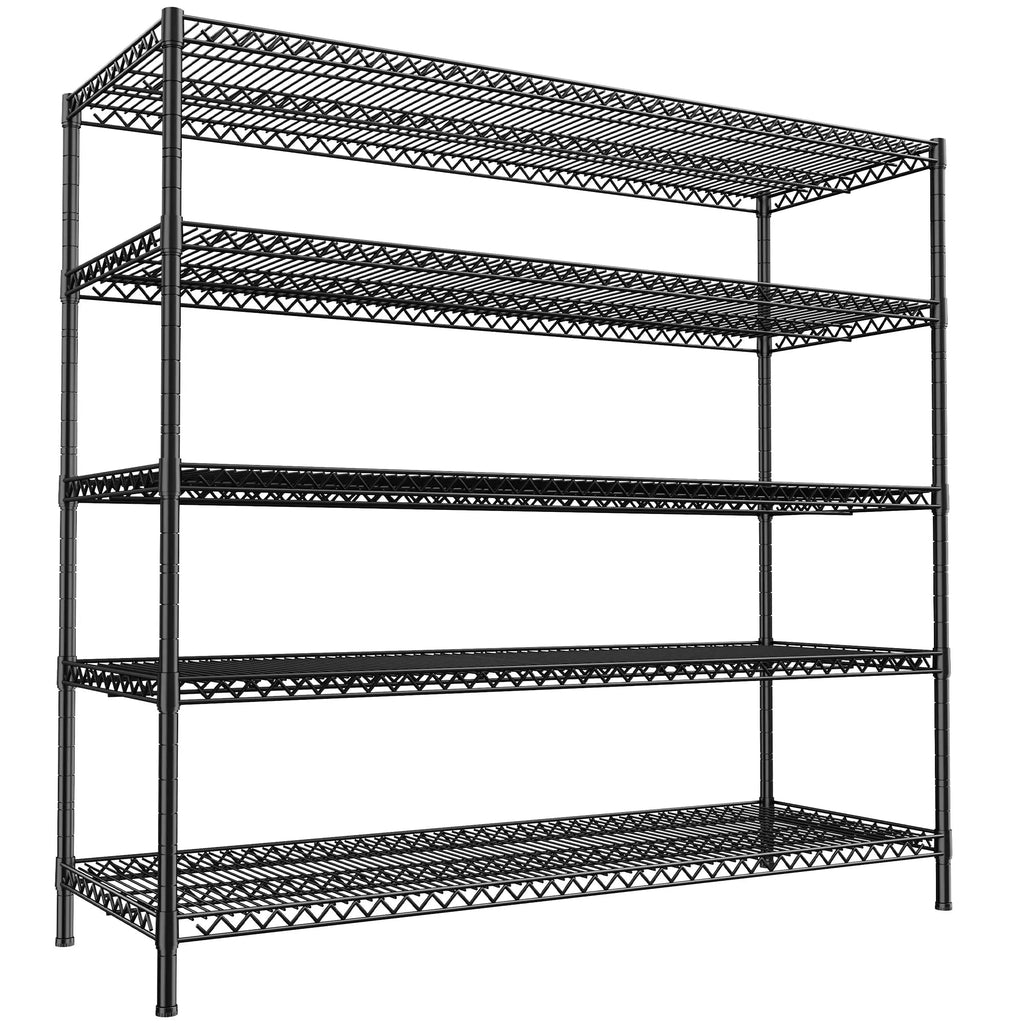 Black 5 tier wire shelving unit shown empty on a white background from the front corner