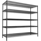 Black 5 tier wire shelving unit shown empty on a white background from the front corner