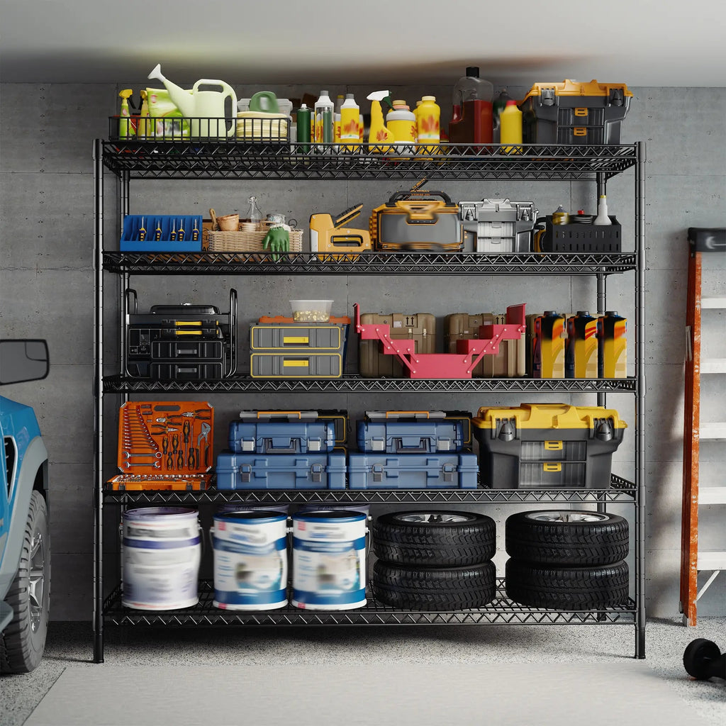 Black 5 tier wire rack in a garage holding paint tins, tool cases, storage bins and tires