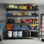 Black 5 tier wire rack in a garage holding paint tins, tool cases, storage bins and tires