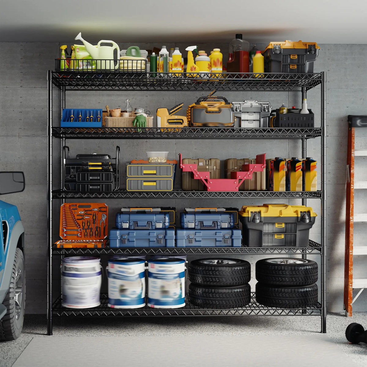 Black 5 tier wire rack in a garage holding paint tins, tool cases, storage bins and tires