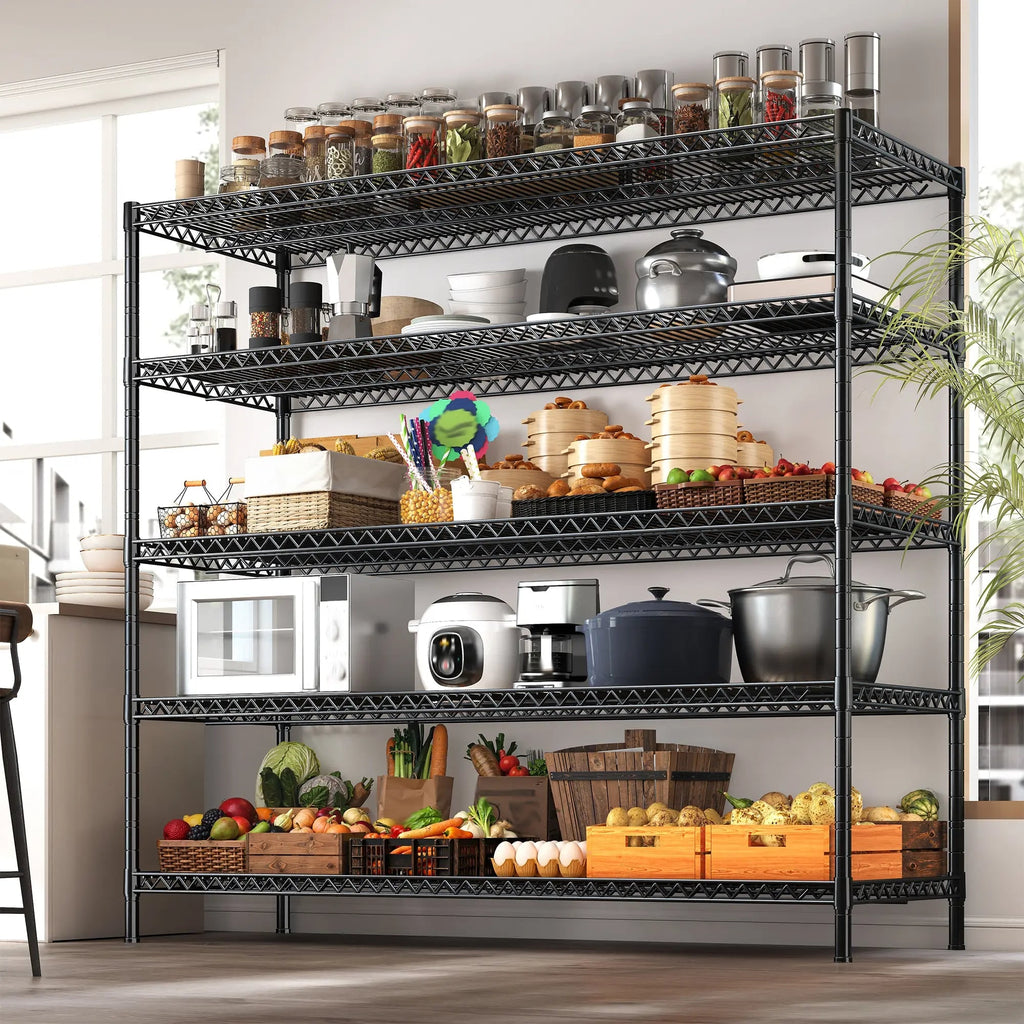 Black 5 tier wire rack in a kitchen holding pots, small appliances, jars and crates of produce