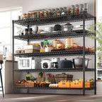 Black 5 tier wire rack in a kitchen holding pots, small appliances, jars and crates of produce