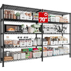 Black 5 tier wire shelving unit 70 x 16 x 72.5 in on a white background, shelves loaded with pantry jars, microwave and baskets, 70 inch width callout