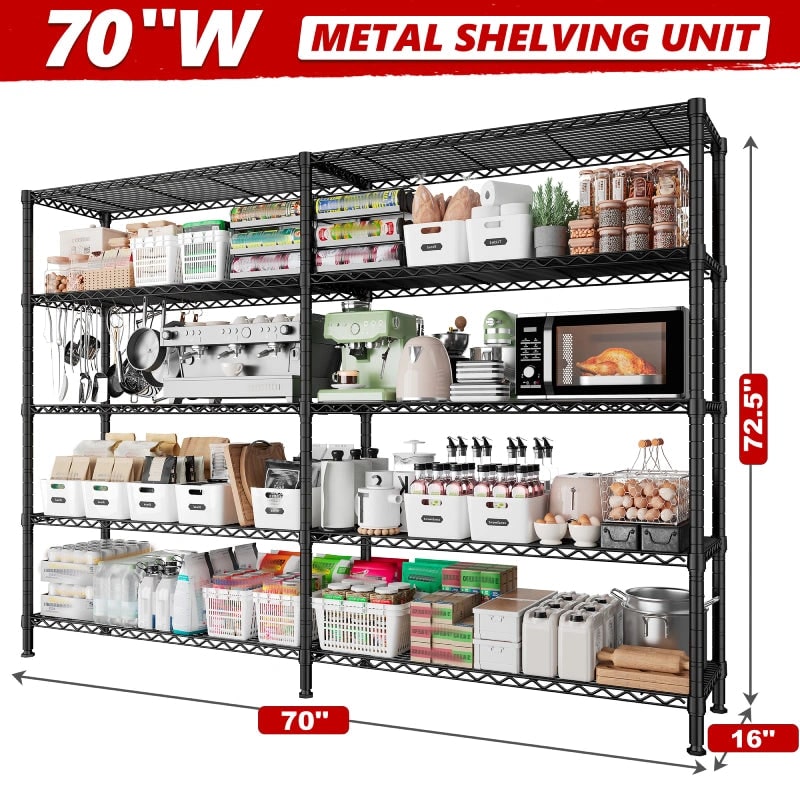 Dimension diagram: wire shelving unit 70 in wide, 16 in deep, 72.5 in high, five loaded levels