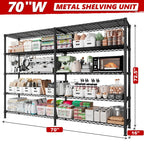 Dimension diagram: wire shelving unit 70 in wide, 16 in deep, 72.5 in high, five loaded levels
