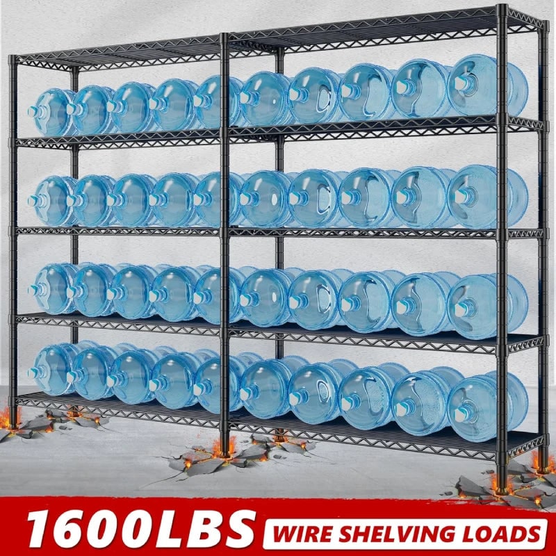 Capacity graphic: 1,600 lb total across five levels, shelves loaded with large water bottles