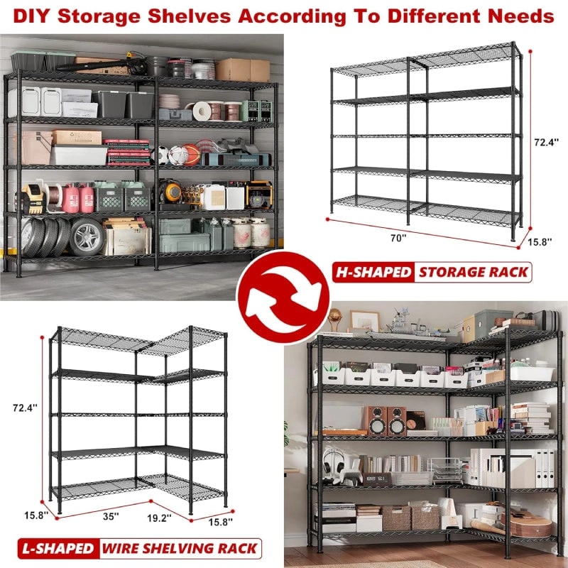 Configuration graphic: the same rack built straight at 70 in wide, or as an L shaped corner rack with 35 in and 19.2 in legs