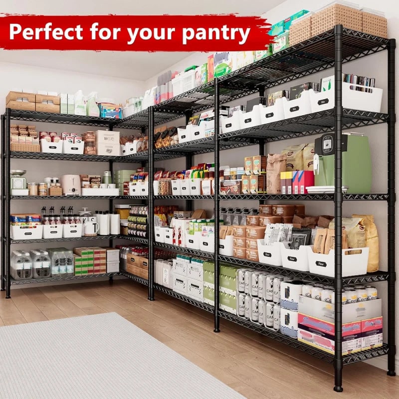 Black wire shelving built as an L in a pantry corner, holding boxes, bins and food storage