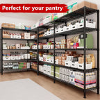 Black wire shelving built as an L in a pantry corner, holding boxes, bins and food storage