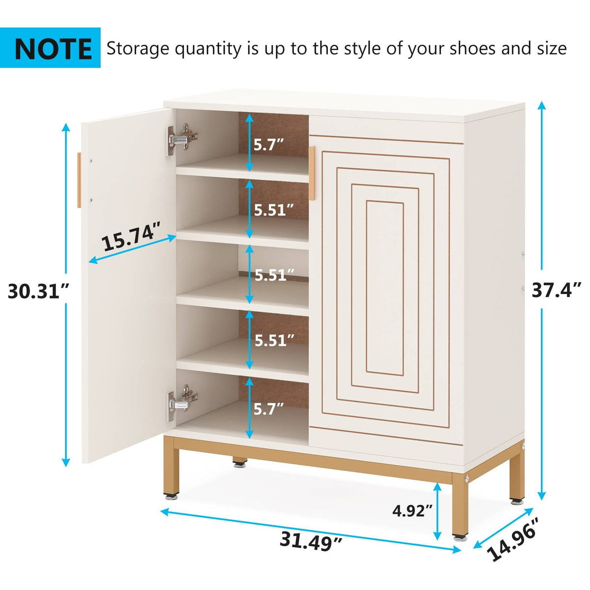Dimension diagram: 31.49 x 14.96 x 37.4 in, shelf gaps 5.51 to 5.7 in, open door view