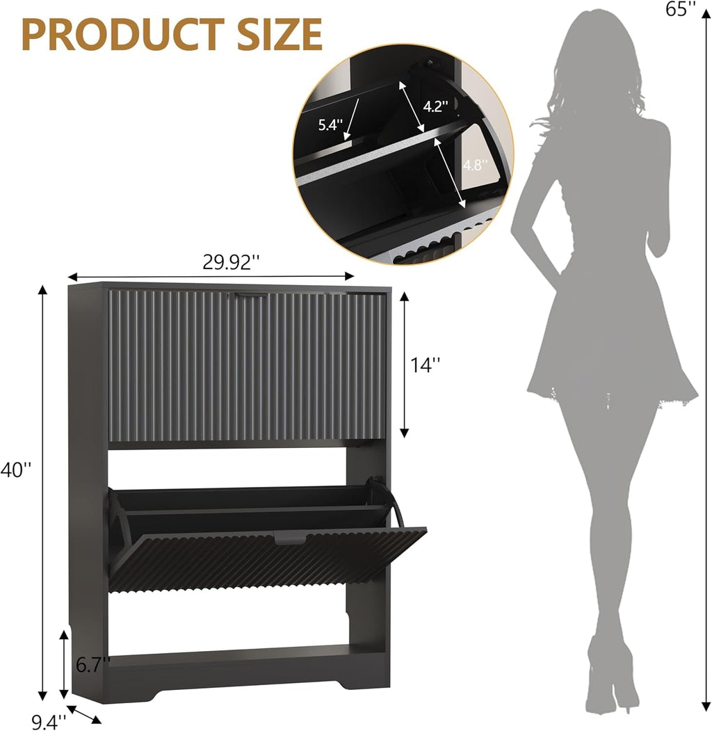 Product size diagram: fluted shoe cabinet 29.9 in wide, 9.4 in deep and 40 in high, with the flip drawer opening measured, shown beside a standing figure