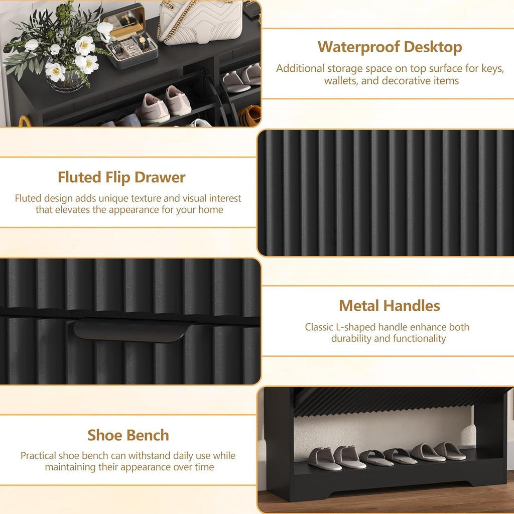 Detail graphic: waterproof top surface, fluted flip drawer front, metal L shaped handles and the open shoe bench shelf at the bottom