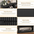 Detail graphic: waterproof top surface, fluted flip drawer front, metal L shaped handles and the open shoe bench shelf at the bottom