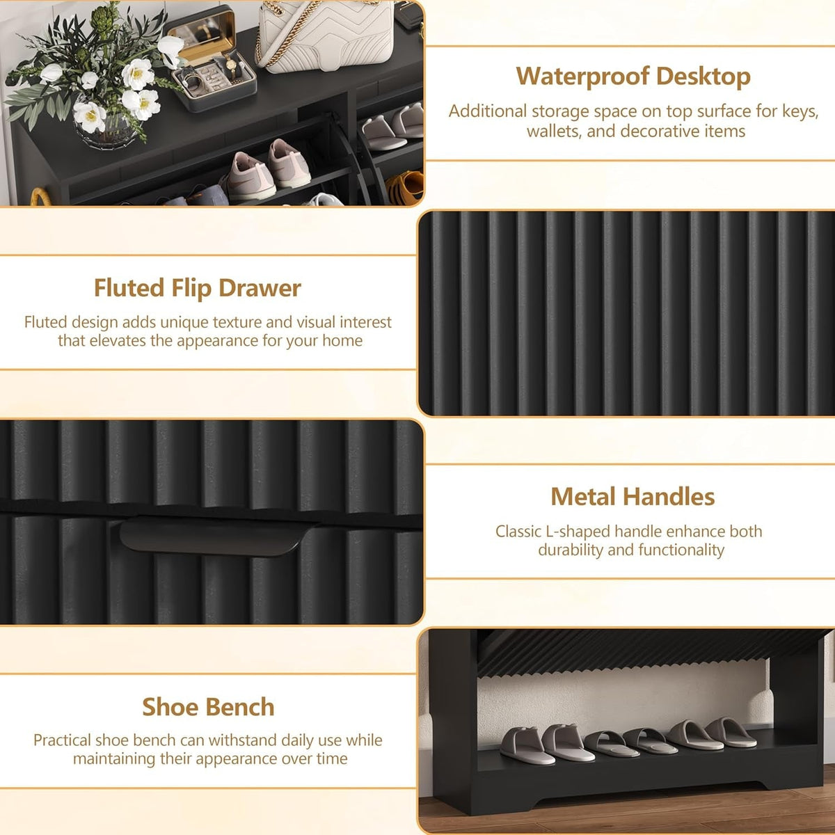 Detail graphic: waterproof top surface, fluted flip drawer front, metal L shaped handles and the open shoe bench shelf at the bottom