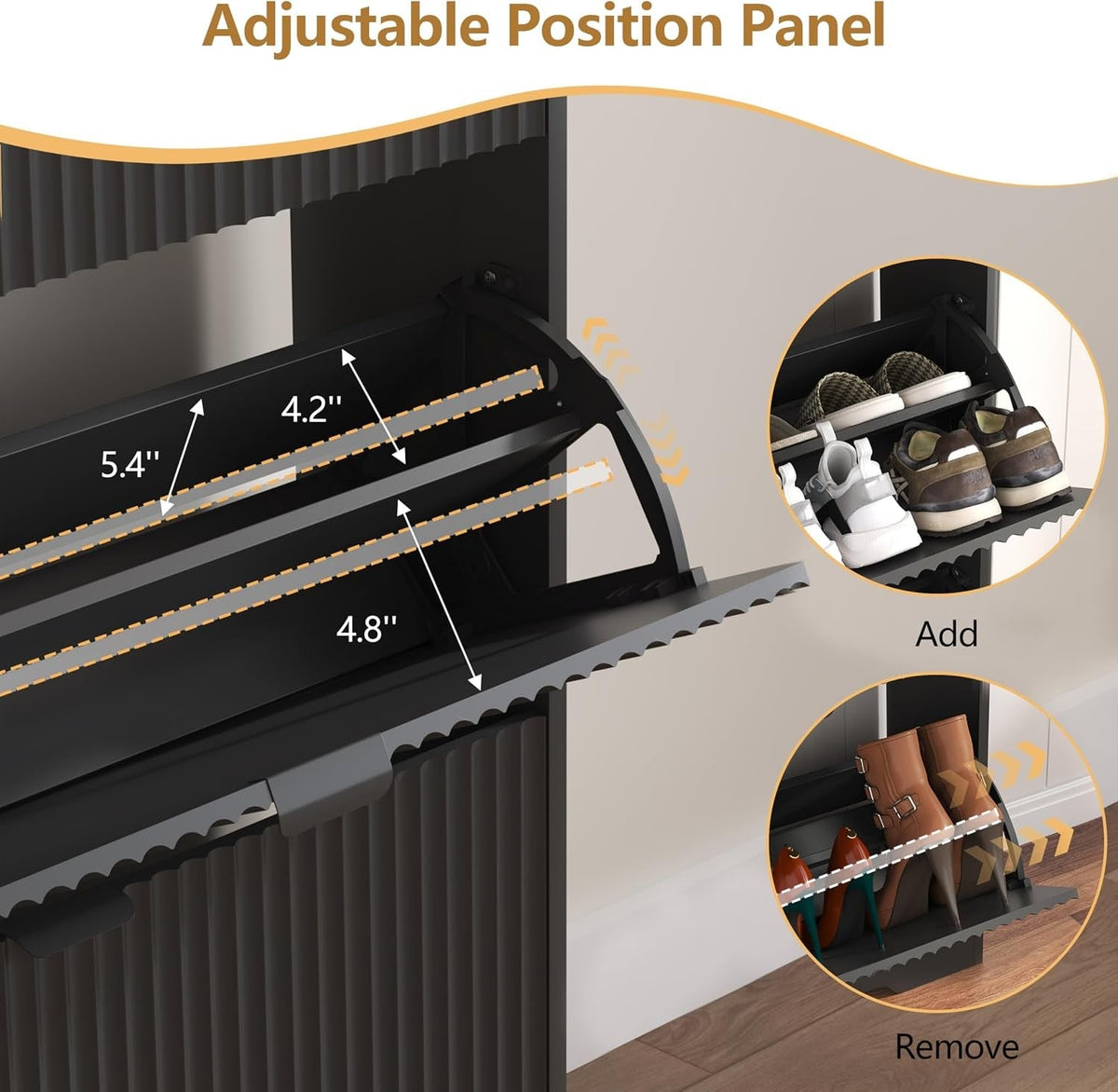 Detail graphic: the adjustable position panel inside the flip drawer, with mounting positions marked and shown being added and removed