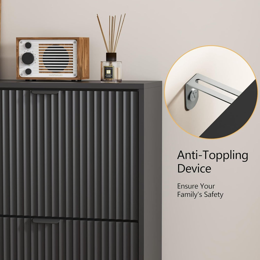 Detail graphic: the anti toppling wall bracket fitted to the back of the black fluted shoe cabinet