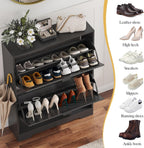 Black fluted shoe cabinet with both drawers open in an entryway, beside a list of footwear it fits including leather shoes, heels, sneakers, slippers and ankle boots