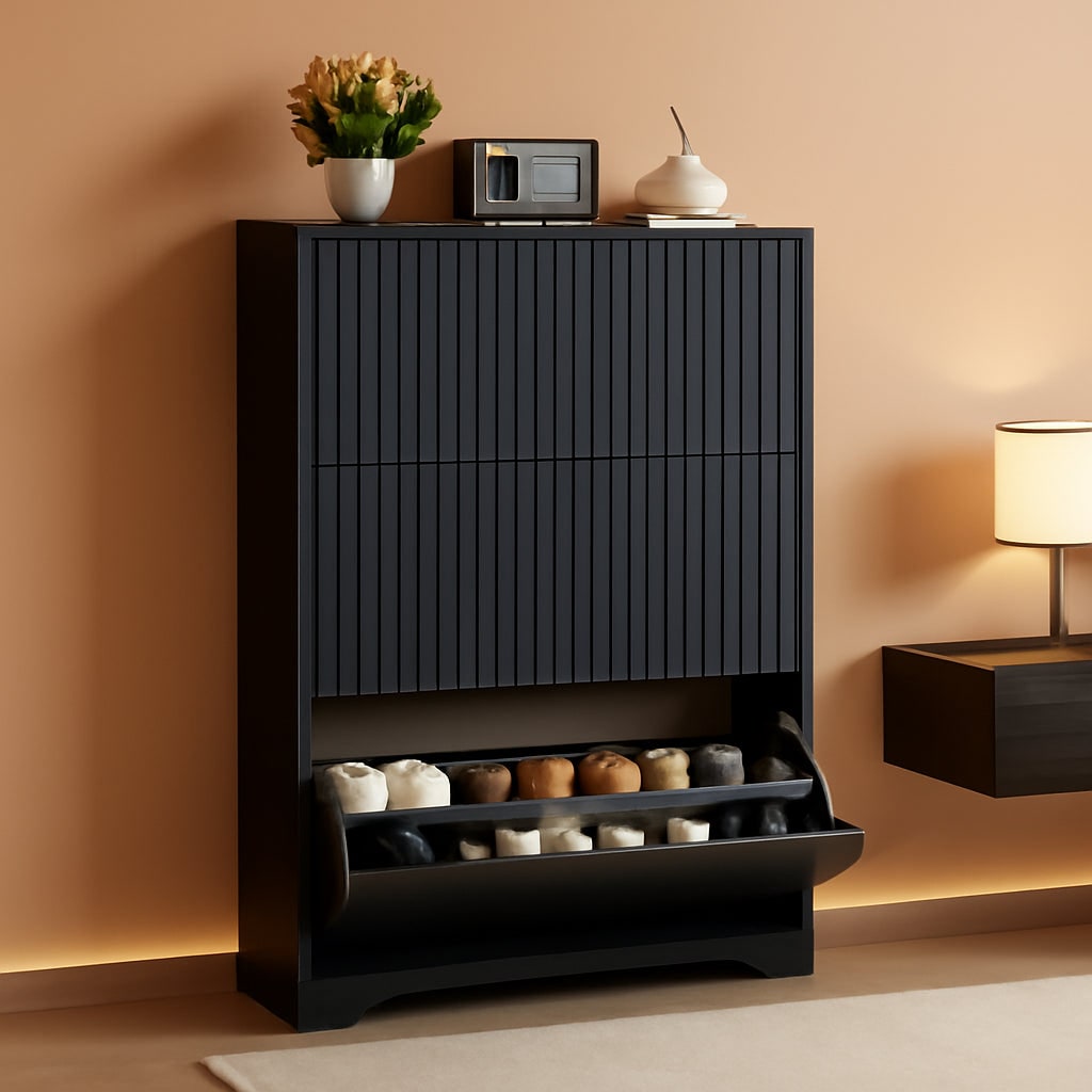 Black fluted shoe cabinet 30.9 x 9.4 x 47.8 in in an entryway with the bottom flip drawer open showing two rows of shoes, a plant and a clock on the top surface