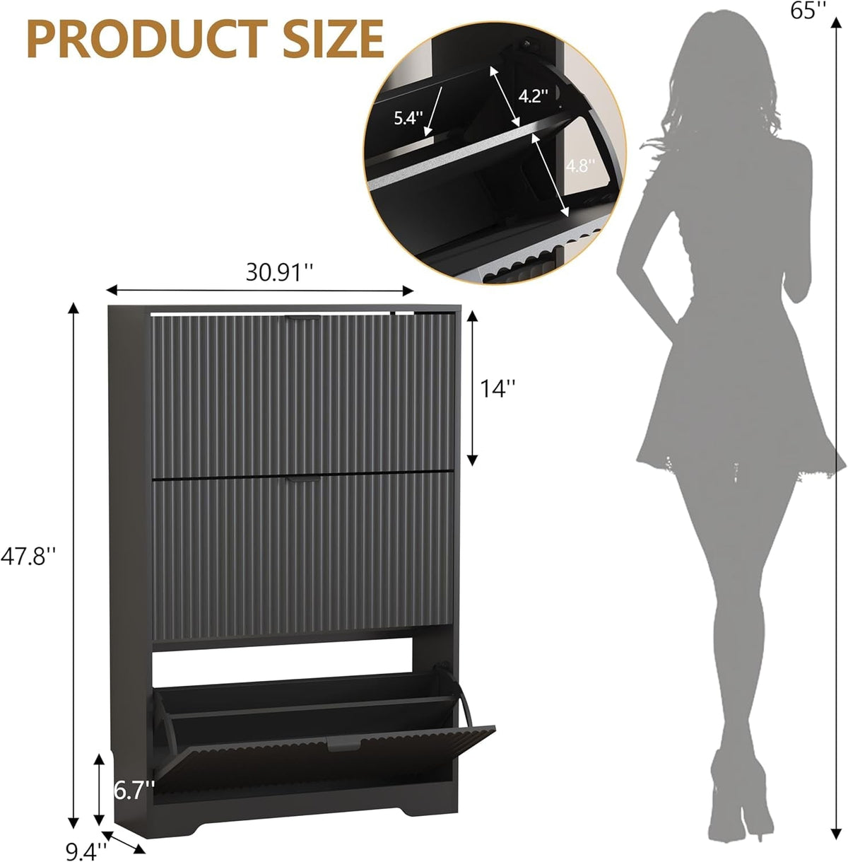 Dimension diagram: fluted shoe cabinet 30.91 in wide, 9.4 in deep and 47.8 in high, with a 14 in drawer opening shown against a 65 in figure