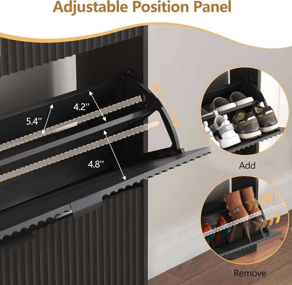 Detail graphic: adjustable position panel inside a flip drawer, listed at 5.4, 4.2 and 4.8 in clearance, shown added for two rows of shoes and removed for boots