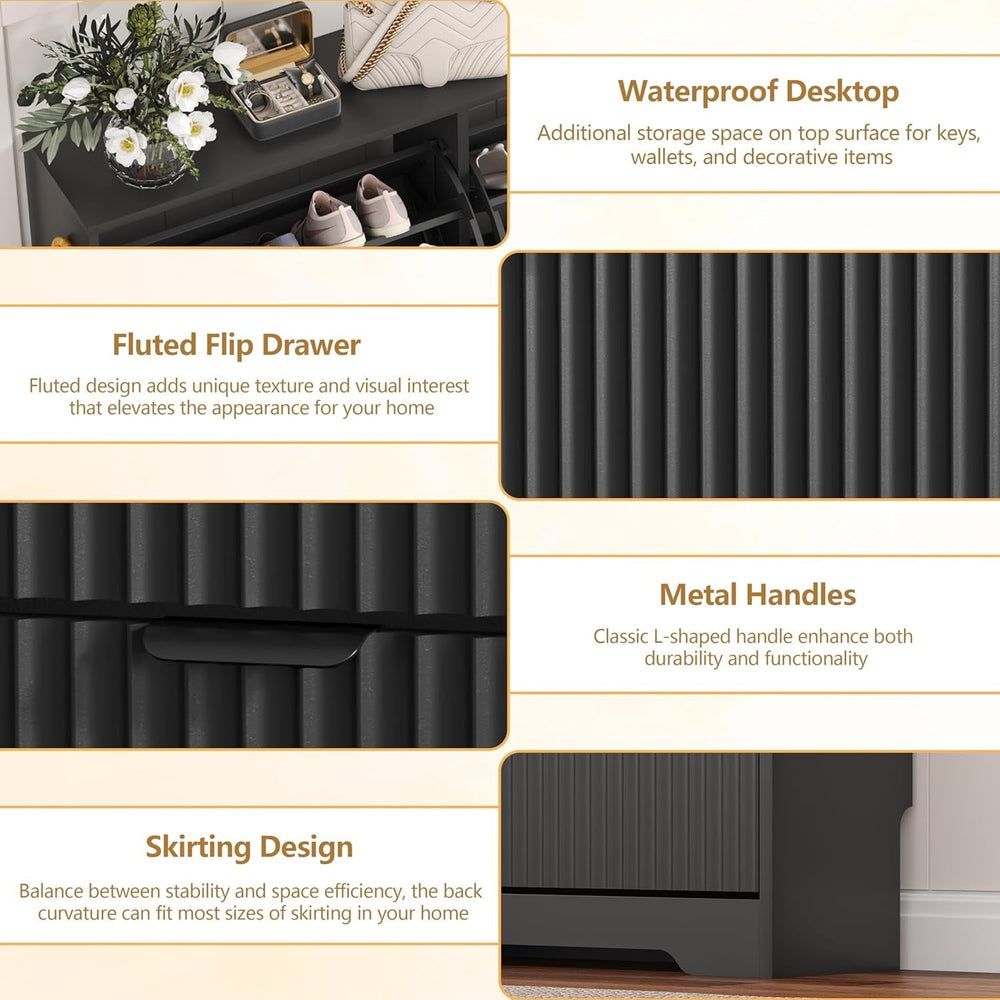 Detail graphic: flat top surface for keys and wallets, fluted flip drawer fronts, metal L shaped handles and a skirting base that sits flush to a baseboard