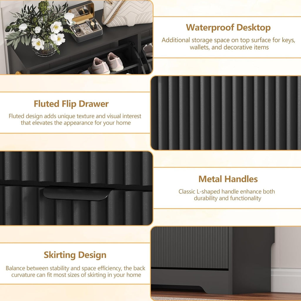 Detail graphic: flat top surface for keys and wallets, fluted flip drawer fronts, metal L shaped handles and a skirting base that sits flush to a baseboard
