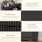 Detail graphic: flat top surface for keys and wallets, fluted flip drawer fronts, metal L shaped handles and a skirting base that sits flush to a baseboard