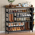Six tier shoe rack with a wood top loaded with shoes and boots in an entryway, with height and width measurements marked on the frame