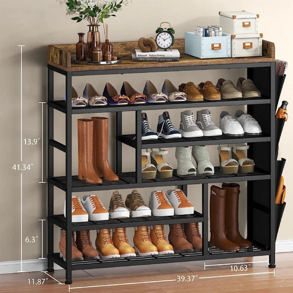 Six tier shoe rack with a wood top loaded with shoes and boots in an entryway, with height and width measurements marked on the frame
